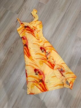 Vintage 90s fairycore Yellow Floral Ruffle Midi Dress